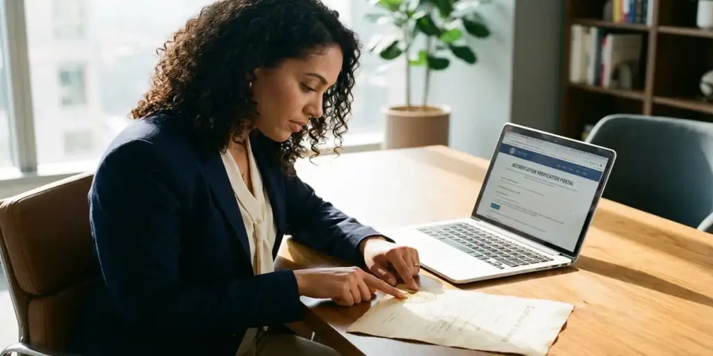 Professionele vrouw controleert certificaat met accreditatiezegel aan bureau met laptop voor verificatie