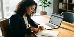 Professionele vrouw controleert certificaat met accreditatiezegel aan bureau met laptop voor verificatie