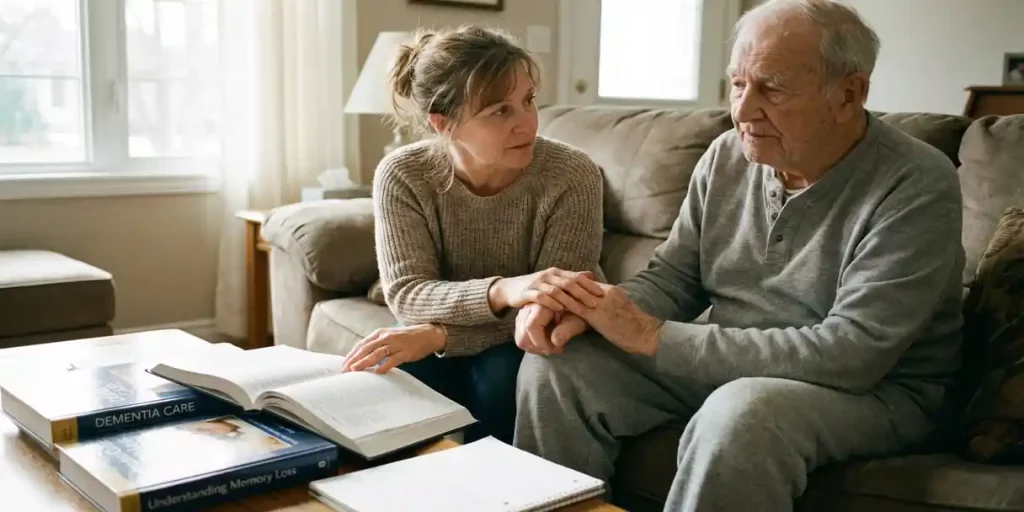 Zorgverlener houdt handen vast met oudere persoon met geheugenverlies op bank, dementiezorg boeken op tafel