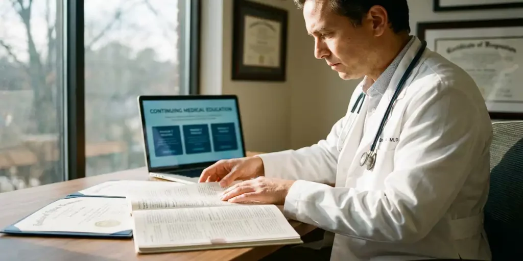 Dokter in witte jas bestudeert medische tijdschriften en certificaten aan bureau met laptop en stethoscoop