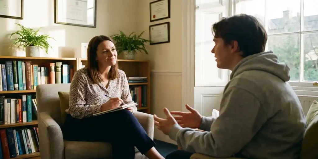 Geestelijke gezondheidsverpleegkundige in gesprek met patiënt in therapeutische ruimte met natuurlijk licht