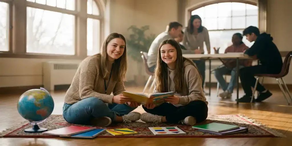 Zorgverlener in gesprek met tiener op vloer, omringd door educatief materiaal in warme, natuurlijk verlichte ruimte