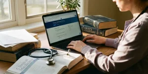 Zorgprofessional volgt online medische cursus op laptop met stethoscoop en medische boeken op bureau