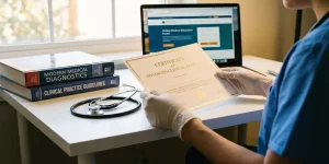 Zorgverlener bekijkt trainingscertificaat aan bureau met stethoscoop, medische boeken en laptop met online cursus