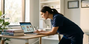 Zorgprofessional in scrubs werkt aan laptop met medische trainingsmodule in moderne praktijkruimte