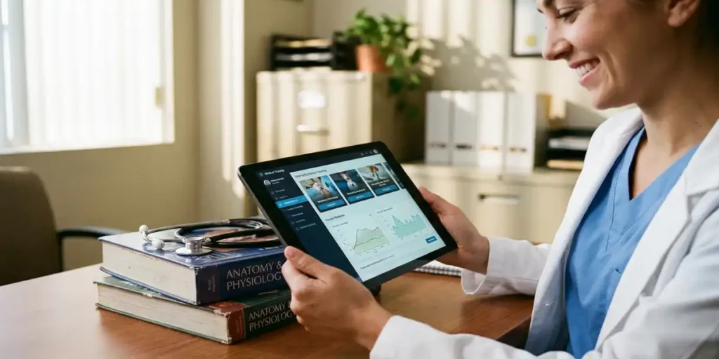 Zorgprofessional in scrubs houdt tablet met medische trainingsmodules vast, stethoscoop op stapel medische boeken