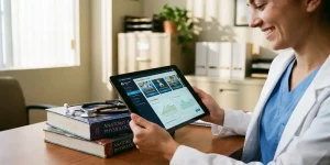 Zorgprofessional in scrubs houdt tablet met medische trainingsmodules vast, stethoscoop op stapel medische boeken
