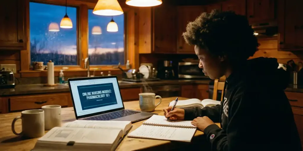Verpleegkundestudent studeert 's avonds aan keukentafel met laptop, boeken en koffie bij schemerlicht