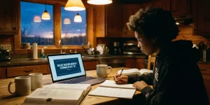 Verpleegkundestudent studeert 's avonds aan keukentafel met laptop, boeken en koffie bij schemerlicht