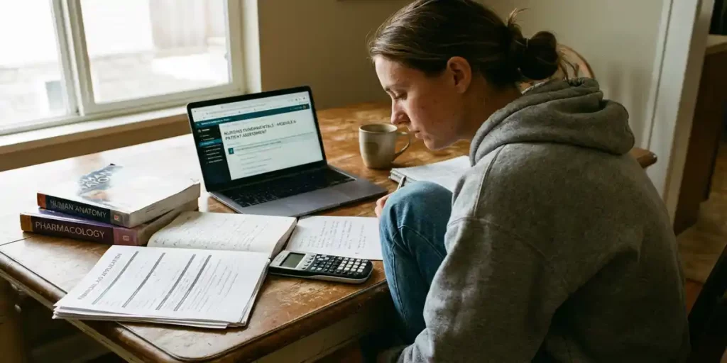 Verpleegkundestudent studeert met laptop en studieboeken aan houten tafel bij raam met natuurlijk licht
