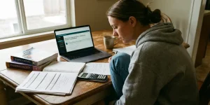 Verpleegkundestudent studeert met laptop en studieboeken aan houten tafel bij raam met natuurlijk licht