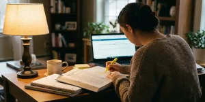 Verpleegkundestudent studeert aan bureau met open boeken, laptop en koffie in warme thuisomgeving