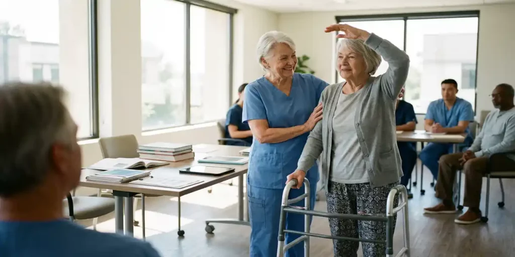 Zorgverlener helpt oudere vrouw met mobiliteitsoefeningen in moderne trainingsruimte met natuurlijk licht