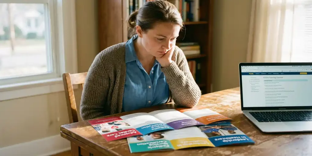 Verpleegkundige bekijkt opleidingsbrochures en certificeringspamfletten aan houten tafel met laptop voor professionele ontwikkeling
