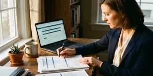 Verpleegkundige vult voortgezet onderwijs formulieren in aan bureau met laptop en koffie in natuurlijk licht