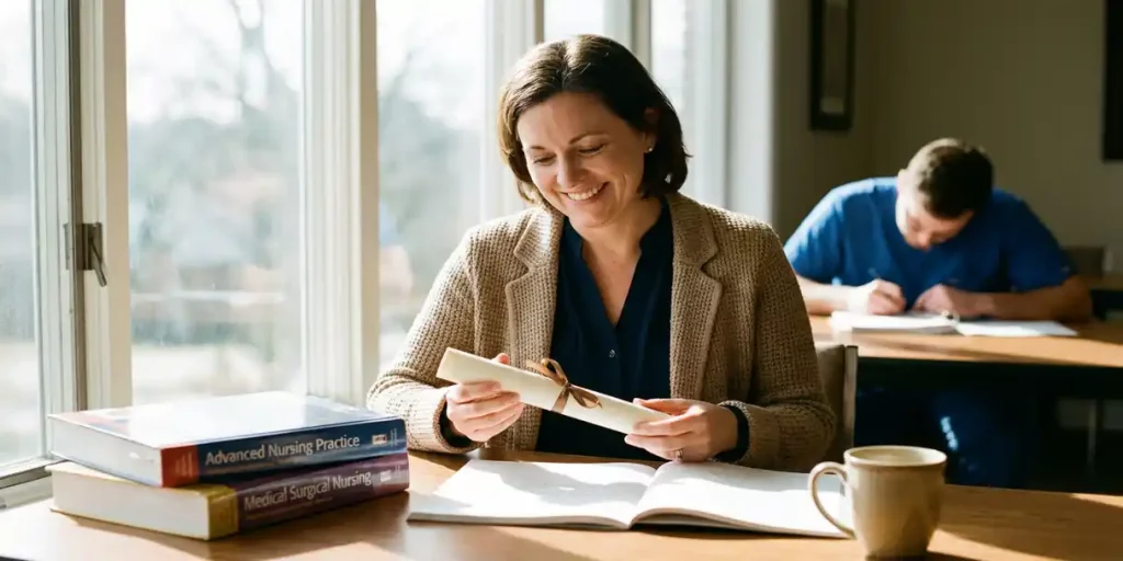Professionele vrouw houdt certificaat vast aan bureau met verpleegkunde studieboeken, glimlachend na voltooiing opleiding
