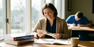 Professionele vrouw houdt certificaat vast aan bureau met verpleegkunde studieboeken, glimlachend na voltooiing opleiding