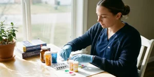 Verpleegkundige organiseert medicijnflesjes en pillencontainers op witte tafel met farmaceutische boeken ernaast