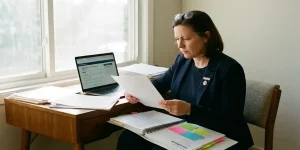 Verpleegkundige bekijkt opleidingscertificaten en cursusmateriaal aan bureau met laptop en handboek