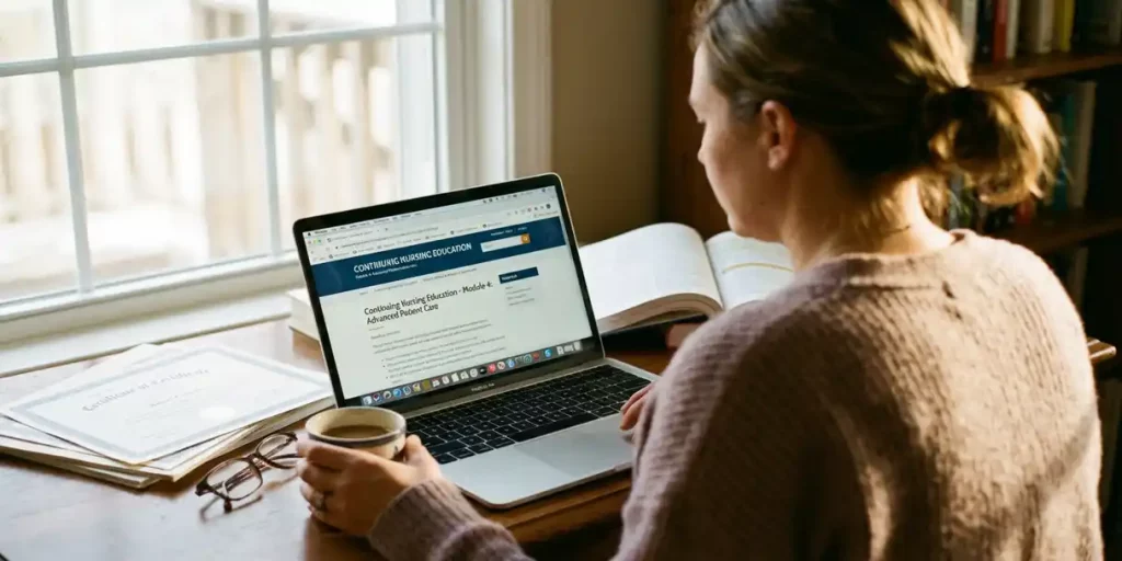 Verpleegkundige studeert online bijscholing op laptop aan houten bureau met certificaten en studiemateriaal