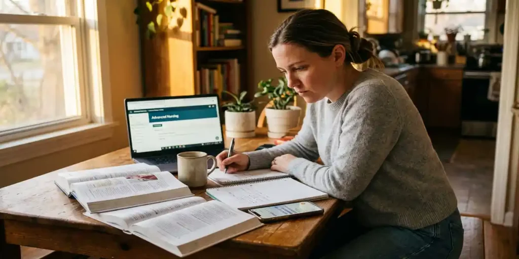 Verpleegkundige studeert online cursus op laptop aan keukentafel met medische boeken en koffie in warme avondlicht