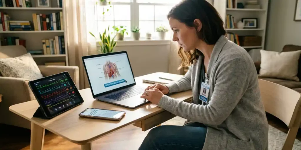 Verpleegkundige volgt online medische training op laptop in moderne thuiswerkplek met natuurlijk licht