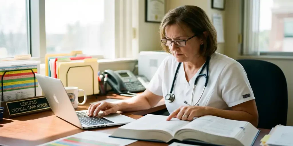 Professionele verpleegkundige in witte uniform bestudeert medisch handboek aan bureau met laptop en stethoscoop