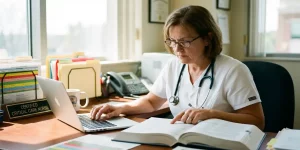 Professionele verpleegkundige in witte uniform bestudeert medisch handboek aan bureau met laptop en stethoscoop