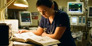 Verpleegkundige op intensive care bestudeert medisch handboek aan ziekenhuiswerkstation met monitorapparatuur op achtergrond