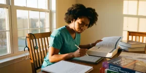 Jonge verpleegkundige in scrubs studeert aan bureau met medische boeken, tablet en stethoscoop bij raam