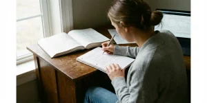 Verpleegkundige bestudeert patiëntendossiers aan bureau met laptop en medisch handboek in natuurlijk licht