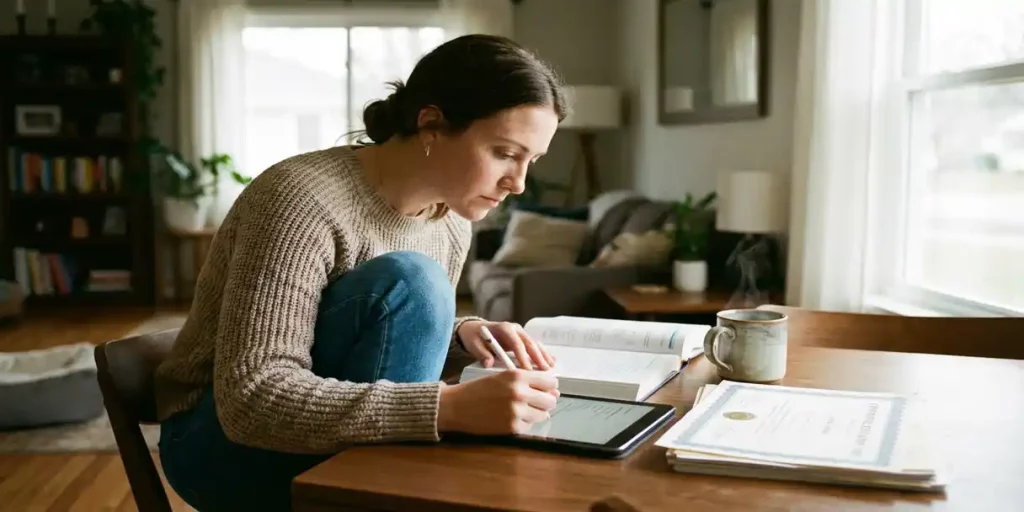 Verpleegkundige studeert thuis aan houten tafel met leerboek, tablet en koffie bij raam met natuurlijk licht