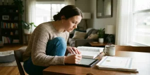Verpleegkundige studeert thuis aan houten tafel met leerboek, tablet en koffie bij raam met natuurlijk licht