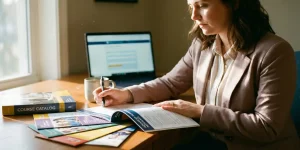 Professionele vrouw bekijkt verpleegkunde cursusbrochures aan bureau met laptop voor online inschrijving