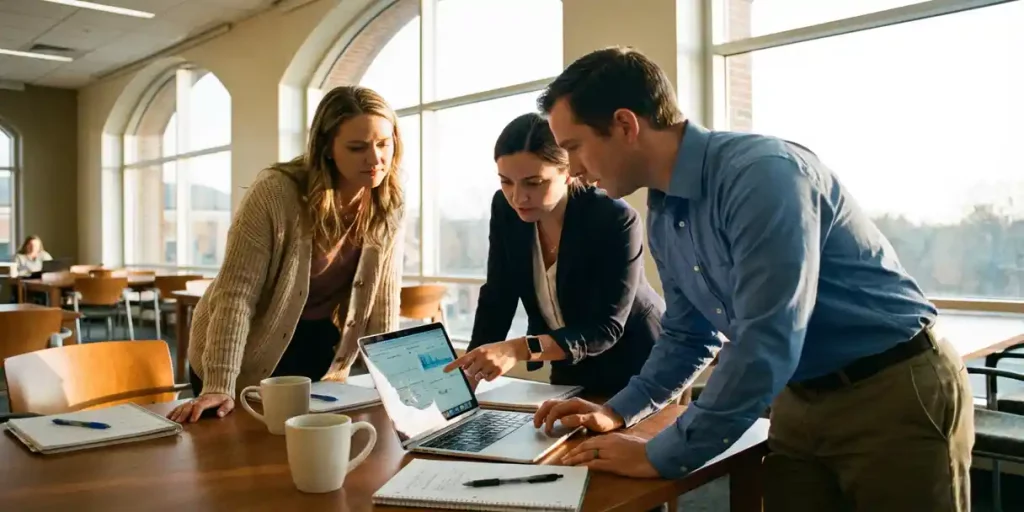 Drie verpleegkundigen werken samen aan laptop in moderne leerruimte met natuurlijk licht