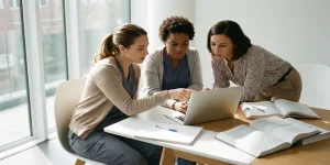 Drie verpleegkundigen bestuderen samen een laptop met medische studieboeken op tafel in helder natuurlijk licht