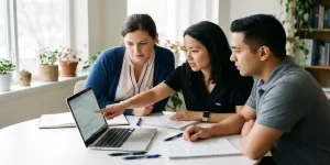 Drie verpleegkundigen bespreken informatie op laptop, een wijst naar scherm terwijl anderen aandachtig meekijken