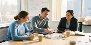 Drie verpleegkundigen tijdens een bijscholingssessie aan conferentietafel, één maakt aantekeningen terwijl ander wijst naar studiemateriaal