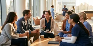 Diverse verpleegkundigen in gesprek tijdens koffiepauze op moderne conferentie, professionele netwerking in lounge