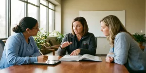 Drie verpleegkundigen in educatief overleg aan conferentietafel, één legt concepten uit terwijl ander notities maakt