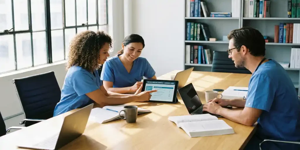 Drie verpleegkundigen studeren samen aan tafel met laptops en tablet, wijzend naar online cursus interface