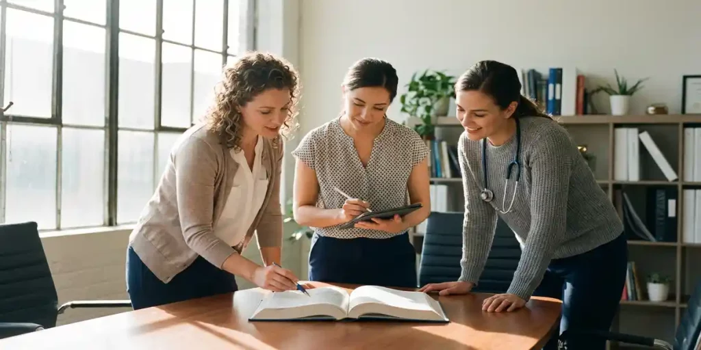 Drie verpleegkundigen bestuderen medisch handboek samen aan conferentietafel in heldere studieruimte