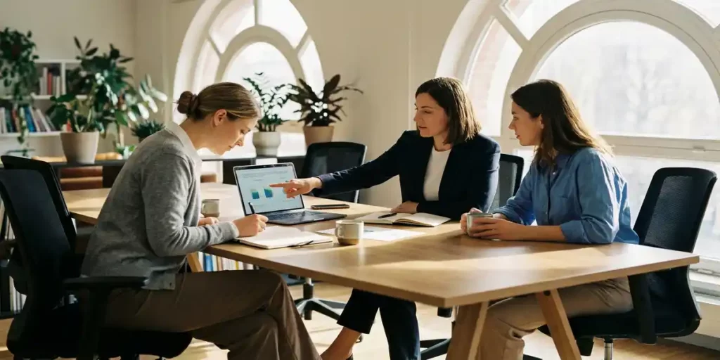 Drie verpleegkundigen bespreken laptop-inhoud rond conferentietafel in modern kantoor met natuurlijk licht