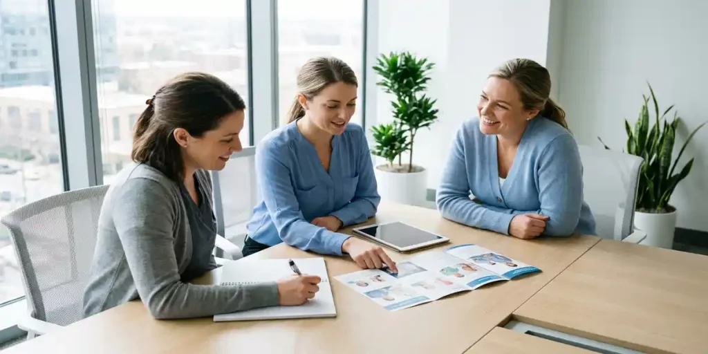 Drie verpleegkundigen tijdens professionele training aan conferentietafel, één maakt notities, ander wijst naar materialen