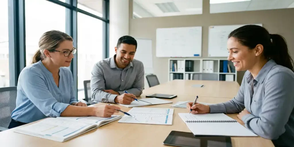 Drie verpleegkundigen bespreken medische grafieken aan conferentietafel tijdens interactieve leerbijeenkomst