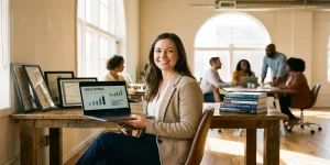 Zelfverzekerde zorgprofessional met laptop toont carrièregrafieken aan bureau met certificaten en ontwikkelingsboeken