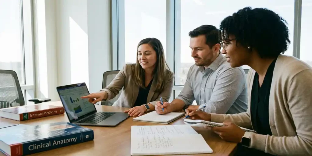 Drie zorgprofessionals bespreken laptop-inhoud aan vergadertafel met medische boeken en notities in moderne ruimte