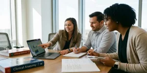 Drie zorgprofessionals bespreken laptop-inhoud aan vergadertafel met medische boeken en notities in moderne ruimte