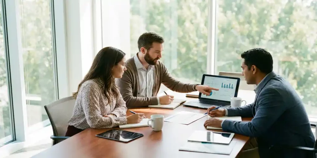 Drie zorgprofessionals bespreken laptop-inhoud aan conferentietafel in heldere, moderne vergaderruimte
