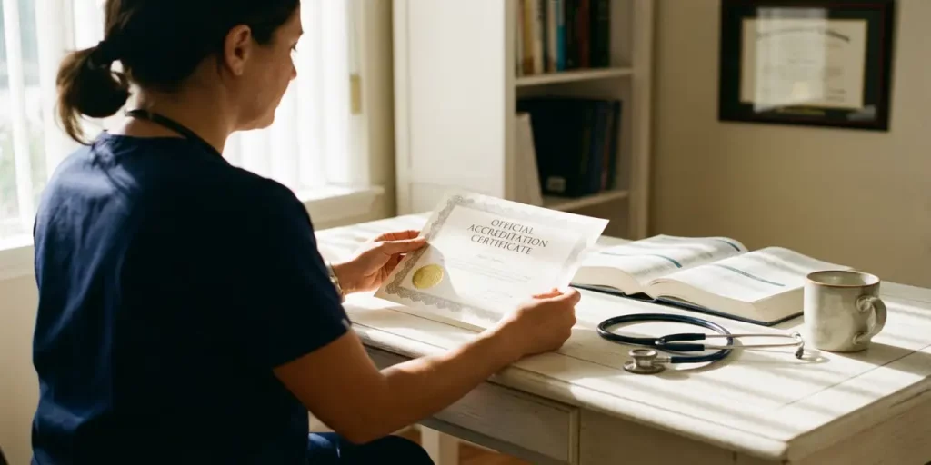 Zorgprofessional in scrubs bekijkt accreditatiecertificaat met gouden zegel op bureau naast stethoscoop en medische boeken